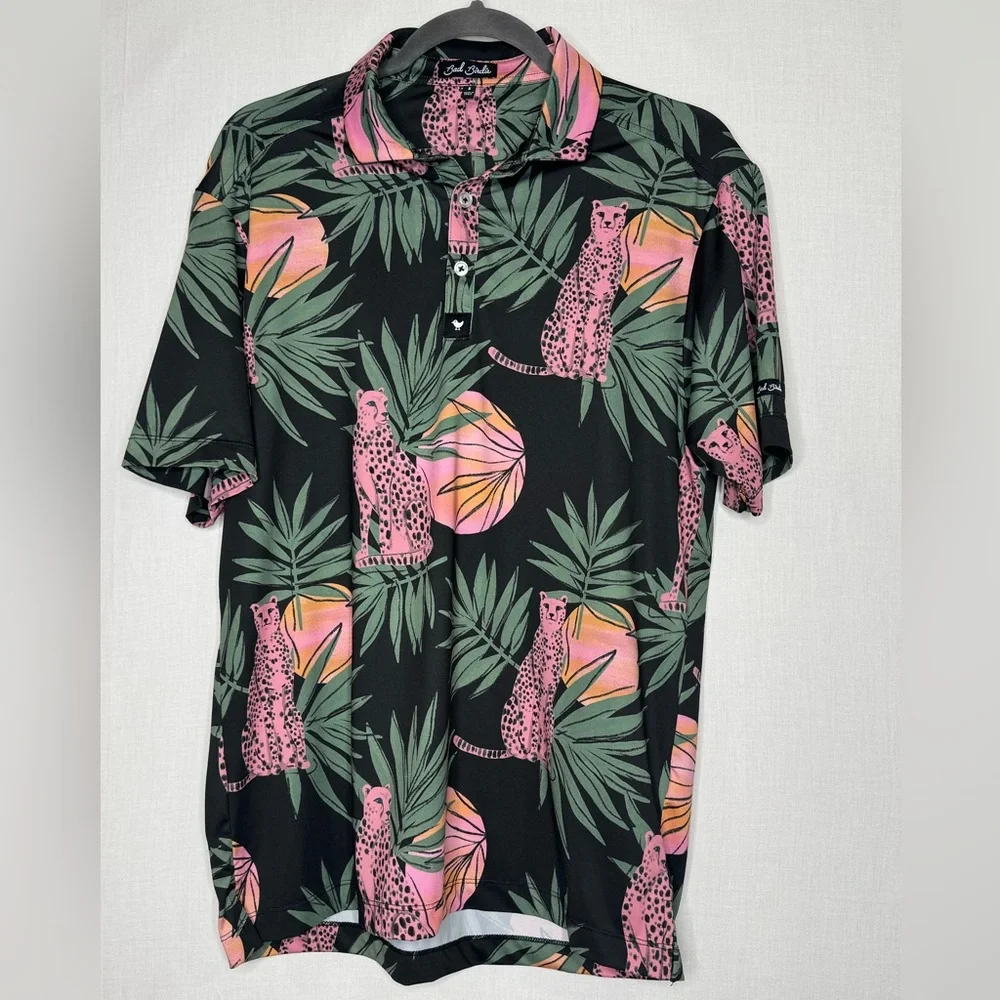 Bad Birdie Men Dayglow Polo Golf Shirt Sz S Panther Palm Trees Unique Athleisure